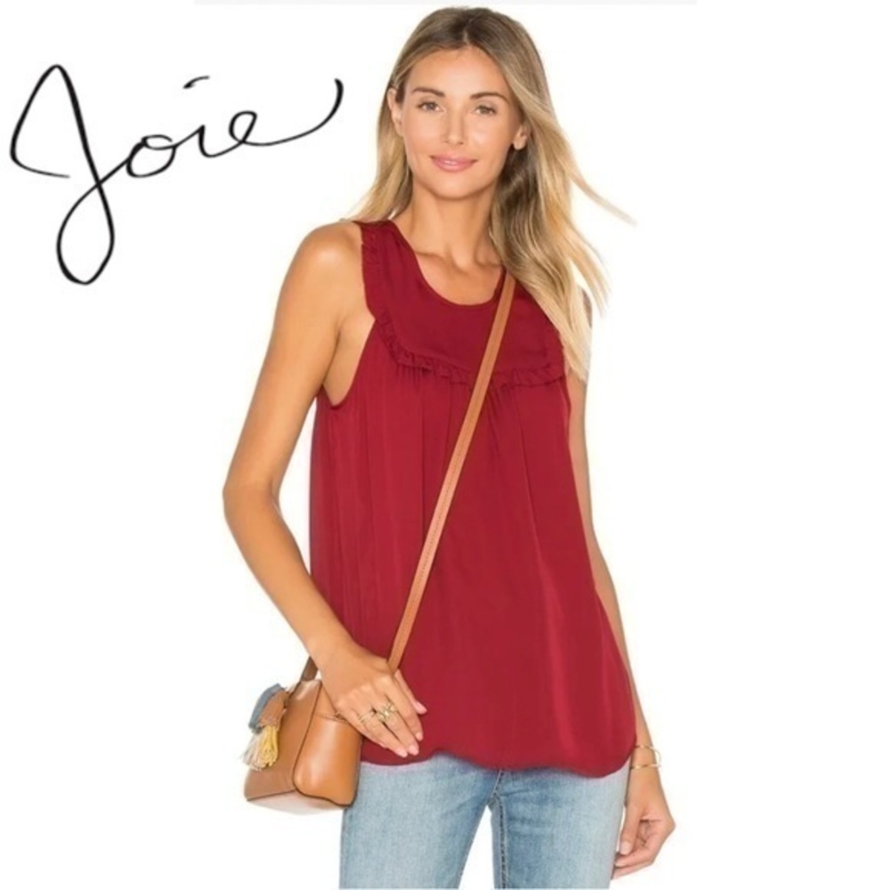 Joie SILK Gemini Silk Ruffle Sleeveless Tank Bordeaux Rose Dark Red Size S $208
